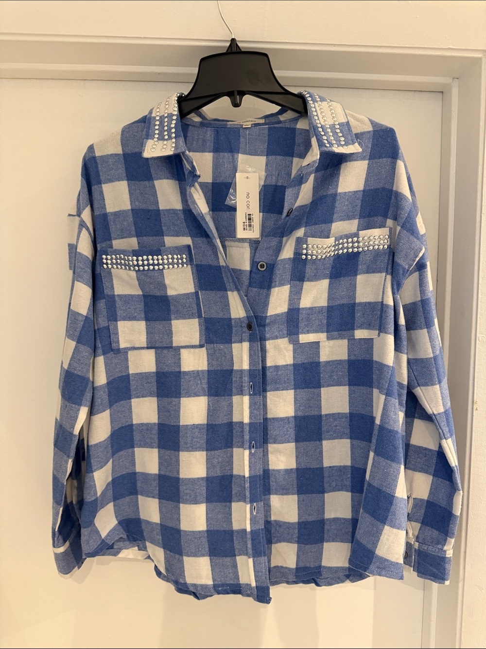 No Comment Blue Plaid Button-Down Shirt with silver stud embellishment